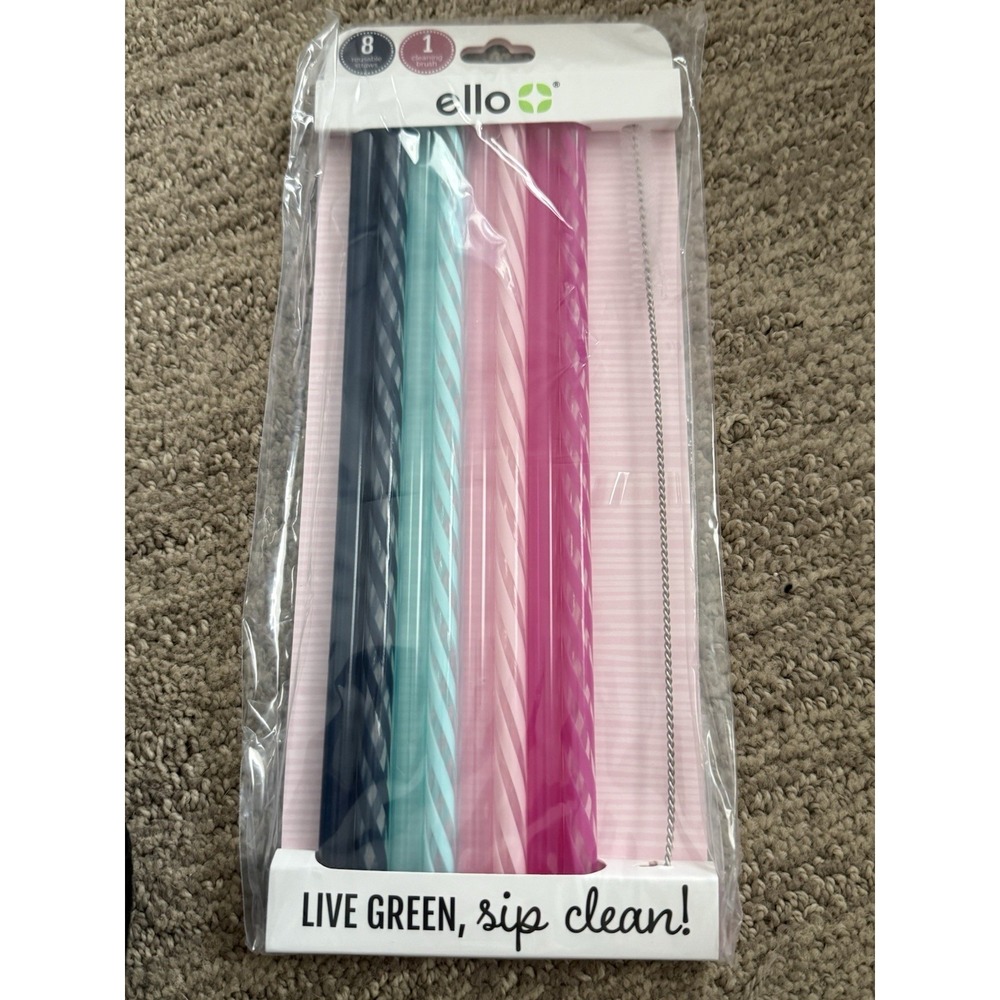 Ello Reusable Straws Set 8 Pack‎ with Cleaning Brush Live Green Sip Clean